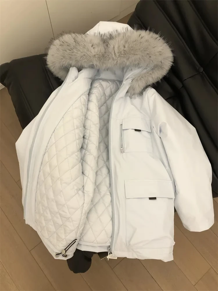 韩系蓝色气质棉服高级感2024年冬季宽松百搭大毛领连帽保暖外套女