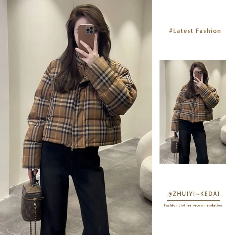 冬季潮流百搭立领格子棉衣外套女2024年新款气质简约保暖加厚棉服