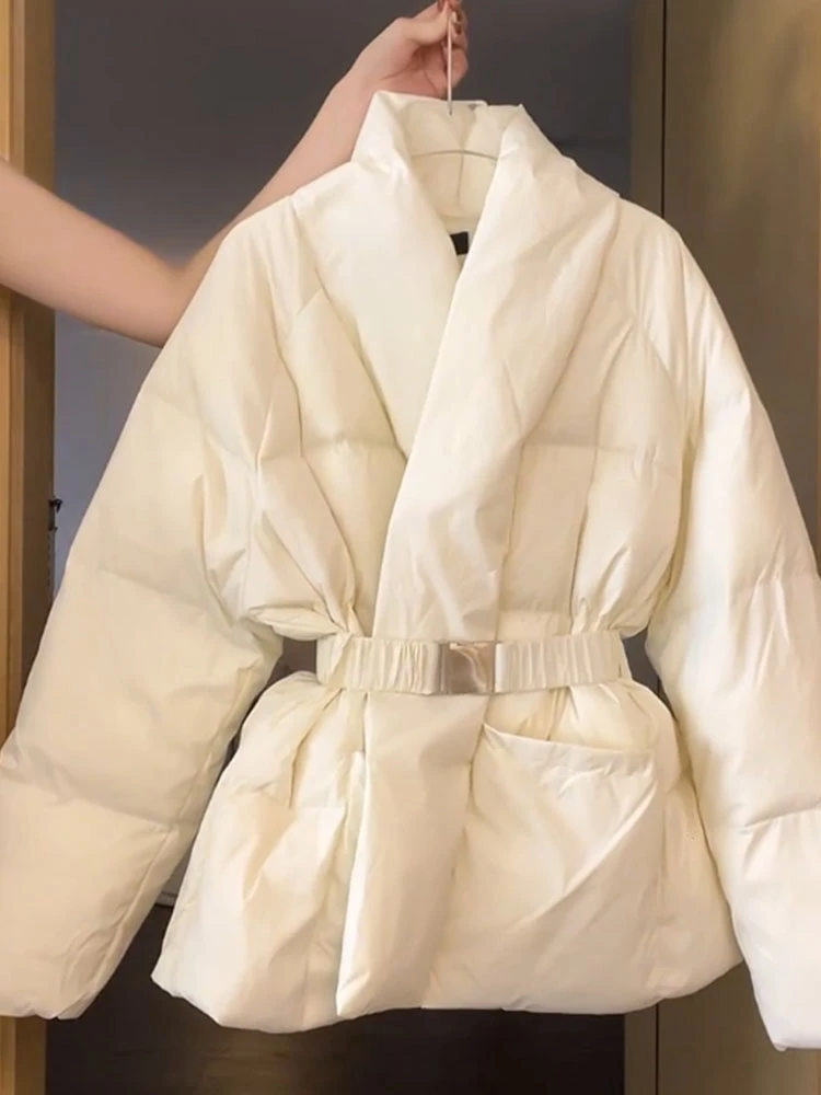 【保暖加厚】米白色收腰v领棉服女2024冬季新款高级感面包服外套潮