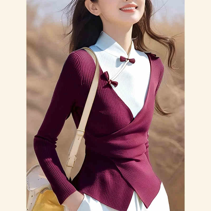 今年爆款国风毛衣打底衫2024新款秋冬气质设计感假两件收腰上衣女