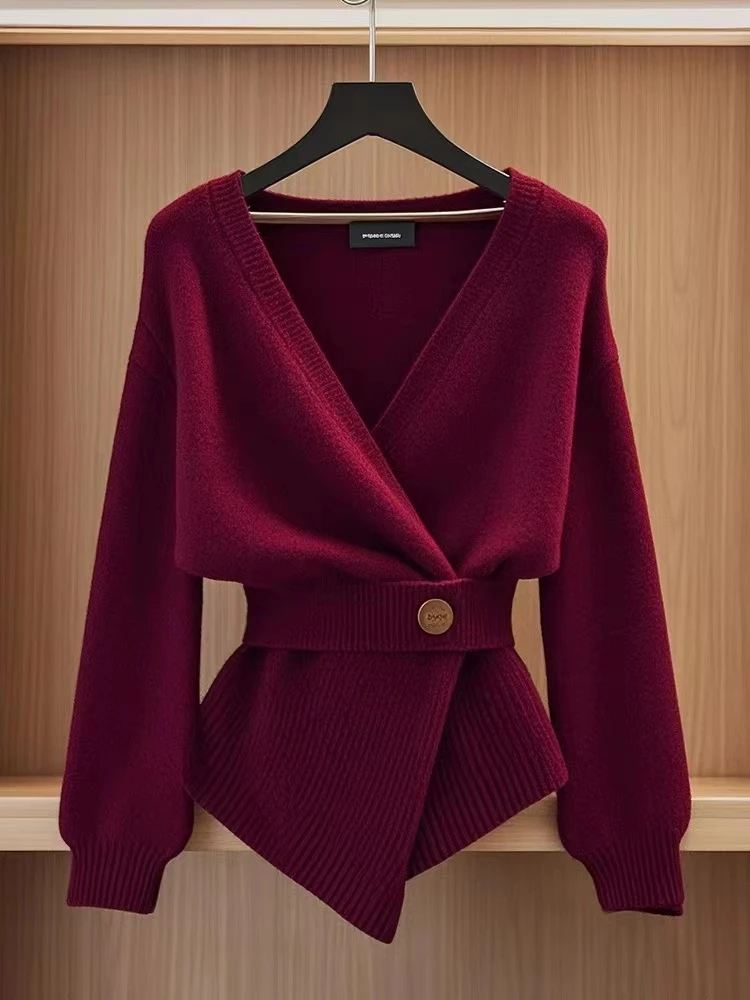 2024早秋季新款酒红色V领收腰软糯毛衣针织衫慵懒风chic韩系上衣