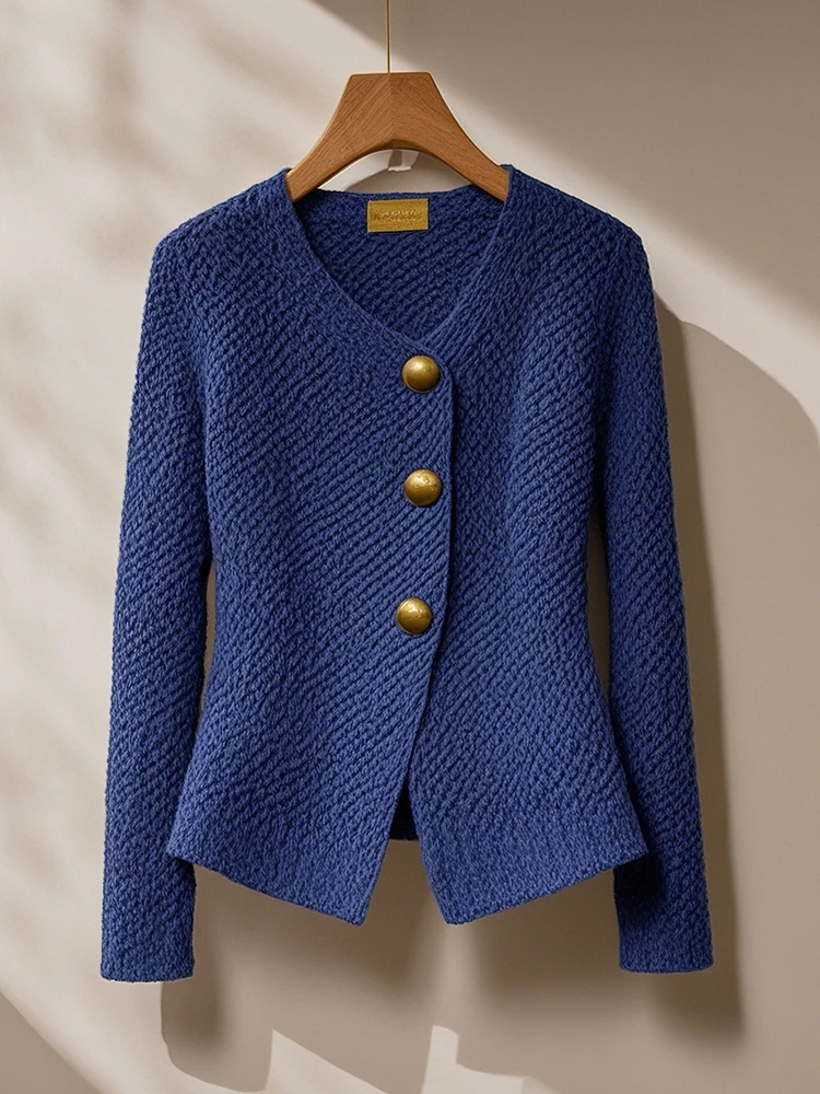 早秋硫酸铜穿搭独特别致上衣小众高级感气质超好看蓝色针织外套女
