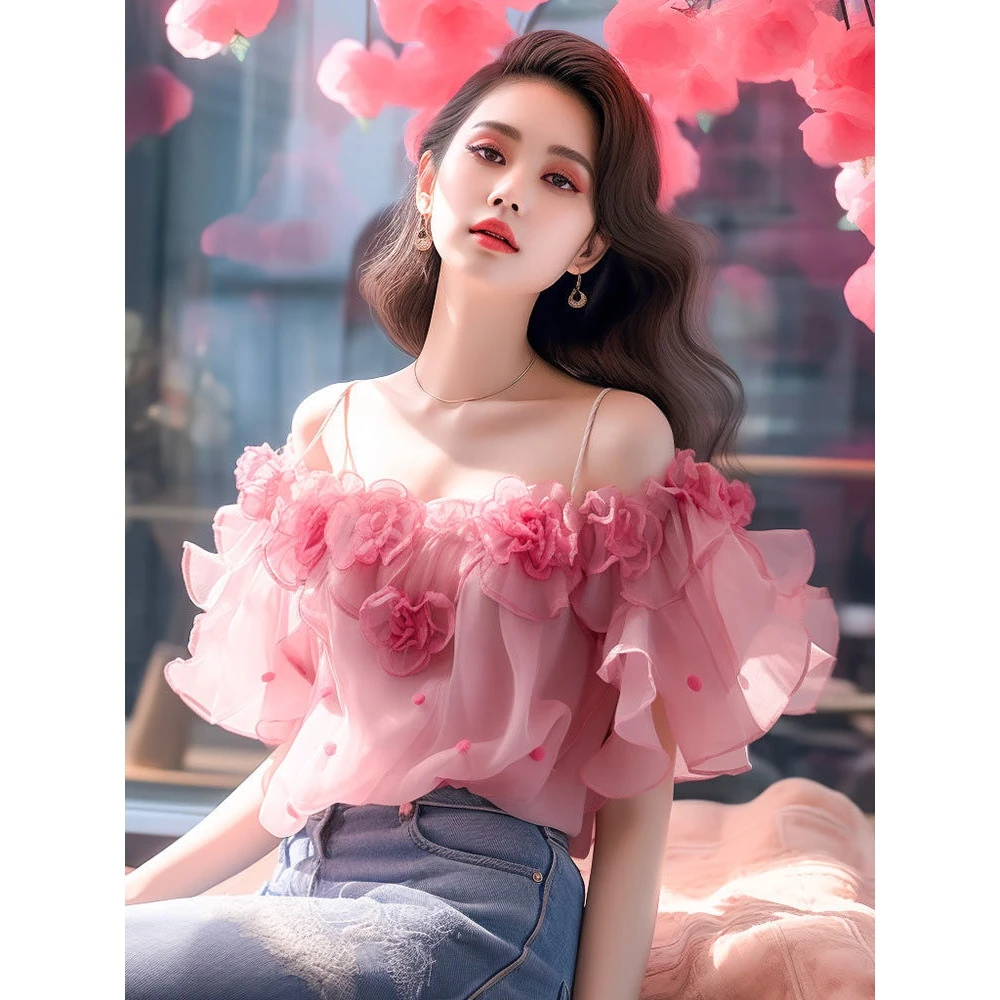 2025年夏季爆款女人味衣服气质高端绝美立体花朵一字肩上衣小衫潮