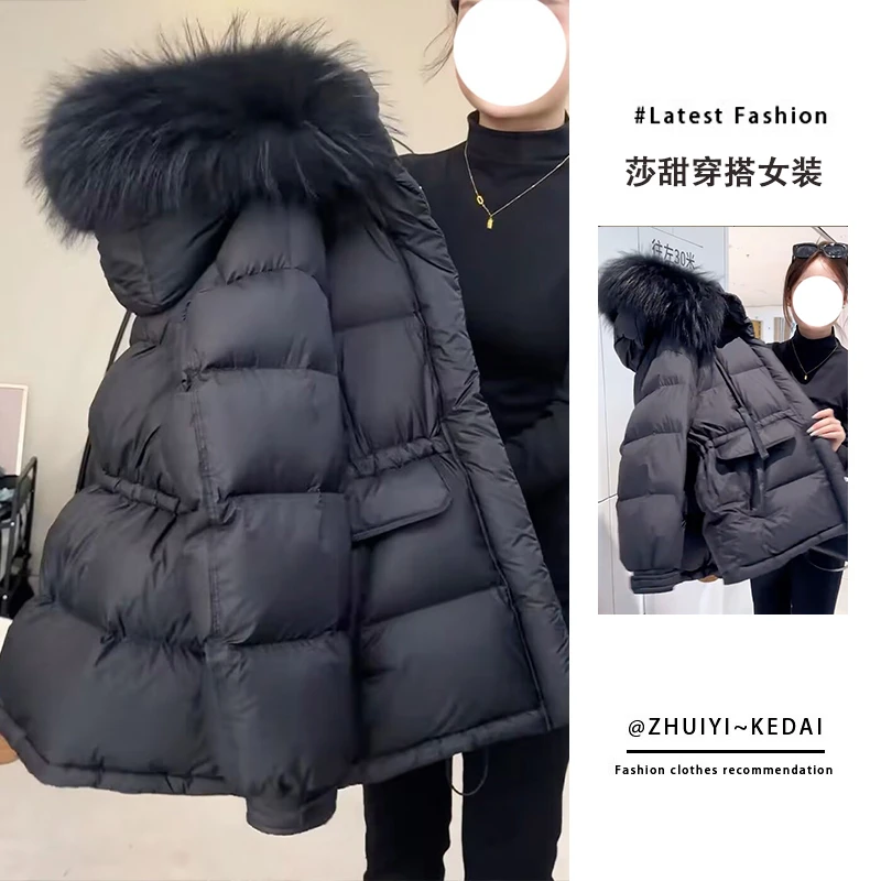 时髦洋气毛领黑色棉服女装冬季新款高级感收腰防寒加厚面包服外套