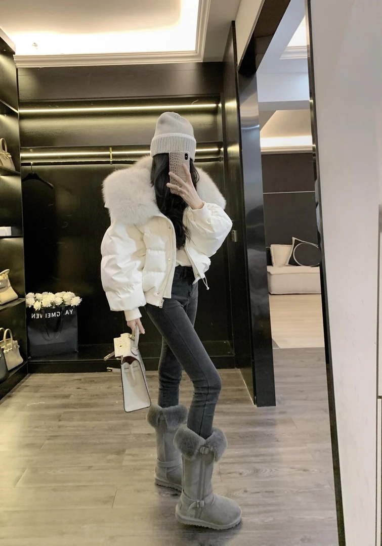 韩系学院风大毛领短款面包服女2025冬季新款宽松小个子小香风棉服