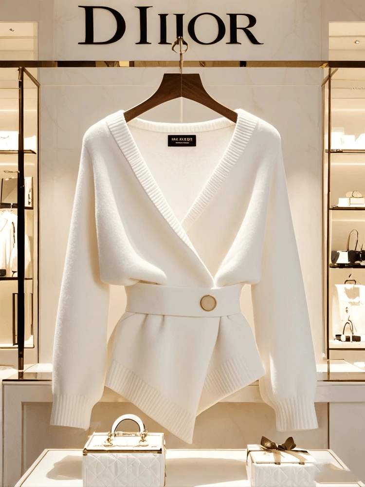 今年秋冬新款设计感小众高级感针织上衣小香风软糯白色毛衣外套女