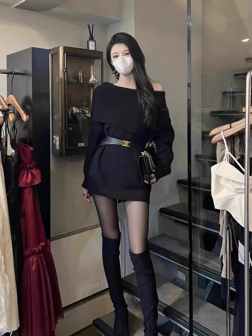 秋冬季黑色一字肩毛衣女幂式穿搭韩版慵懒风中长款露肩针织衫上衣