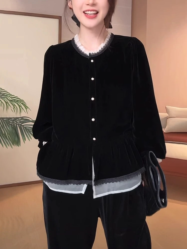 法式荷叶边衬衫女士秋季新款时尚气质休闲显瘦设计感黑色丝绒上衣