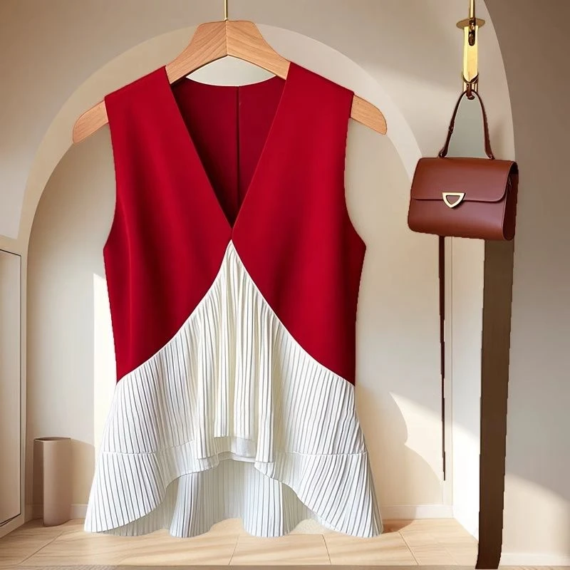 撞色设计感拼接V领拼接背心女2024新款夏小众不撞款独特绝美上衣