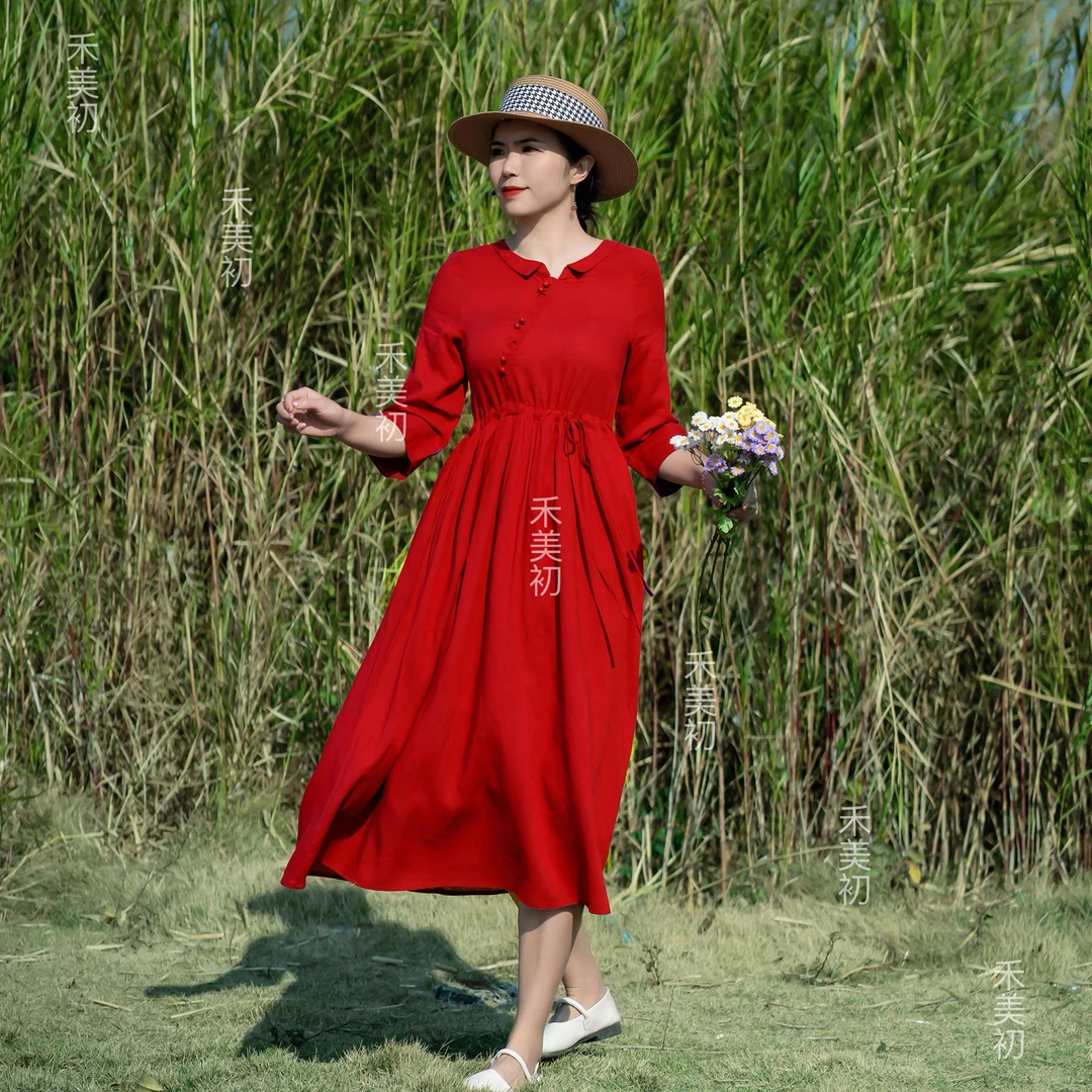 （8032）2024新款春夏复古文旅风宽松气质七分袖亚麻棉中式连衣裙