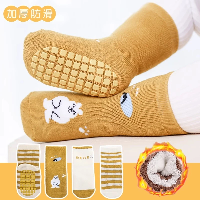 D78婴儿袜子秋冬季新生儿童中筒袜加绒防滑学步加厚宝宝地板袜