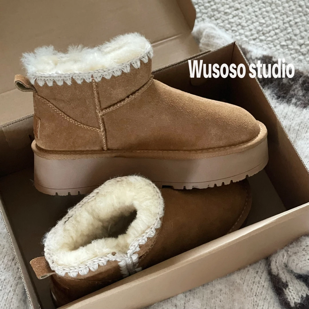 【soso】24new｜ins风编织真皮厚底5cm雪地靴棉鞋｜绒皮勿水洗