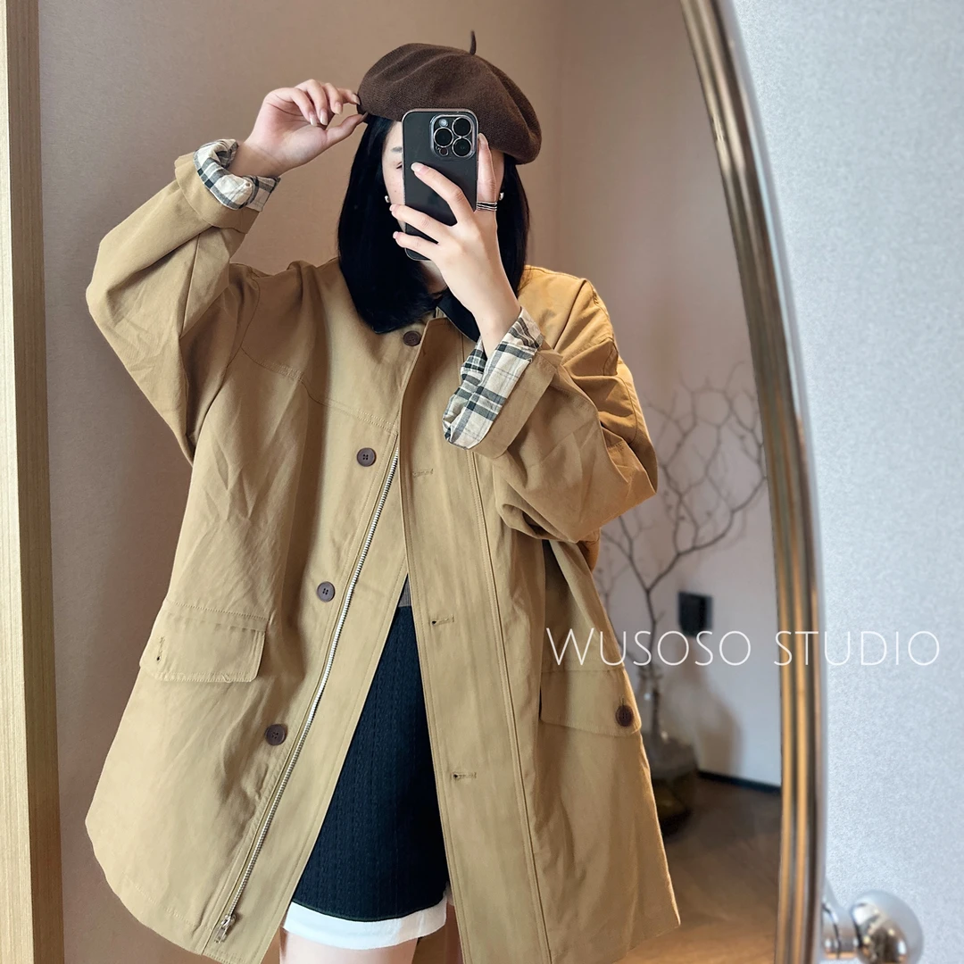 【soso】老钱风英伦风翻领格子风衣外套时尚卡其设计师百搭休闲秋冬