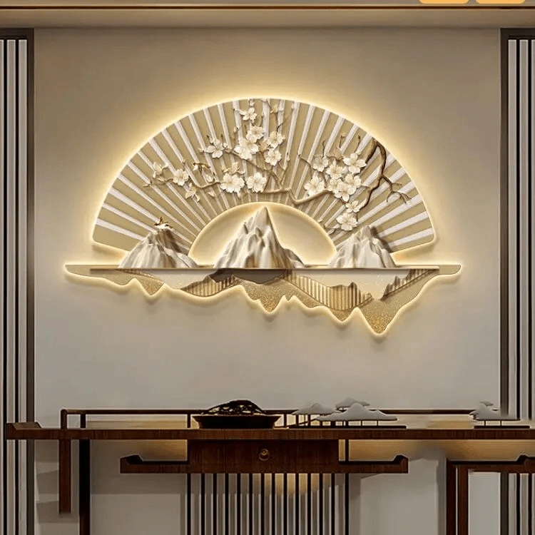 新中式玄关装饰画客厅扇形山水壁画茶室创意灯画酒店走廊壁饰挂画