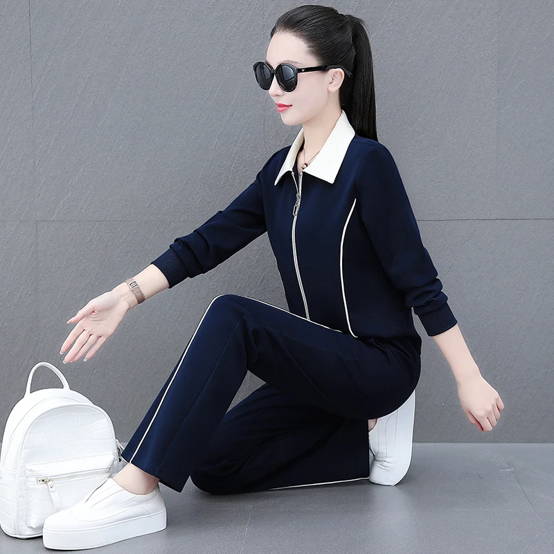 新款时尚休闲套装女春秋洋气减龄妈妈装翻领外套长袖运动服两件套