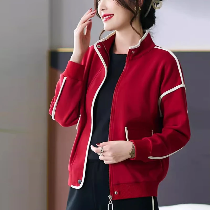 欧货时髦运动卫衣网红套装女2023秋款外套休闲时尚洋气红色两件套