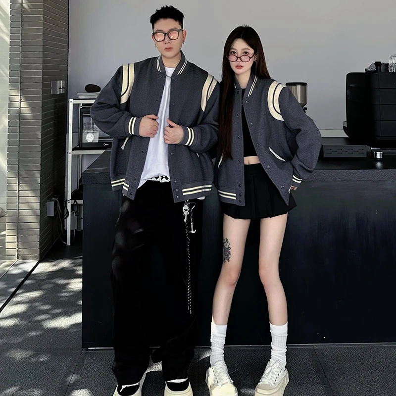 美式复古学院风纯色高级感棒球服外套秋冬休闲百搭韩版情侣装夹克