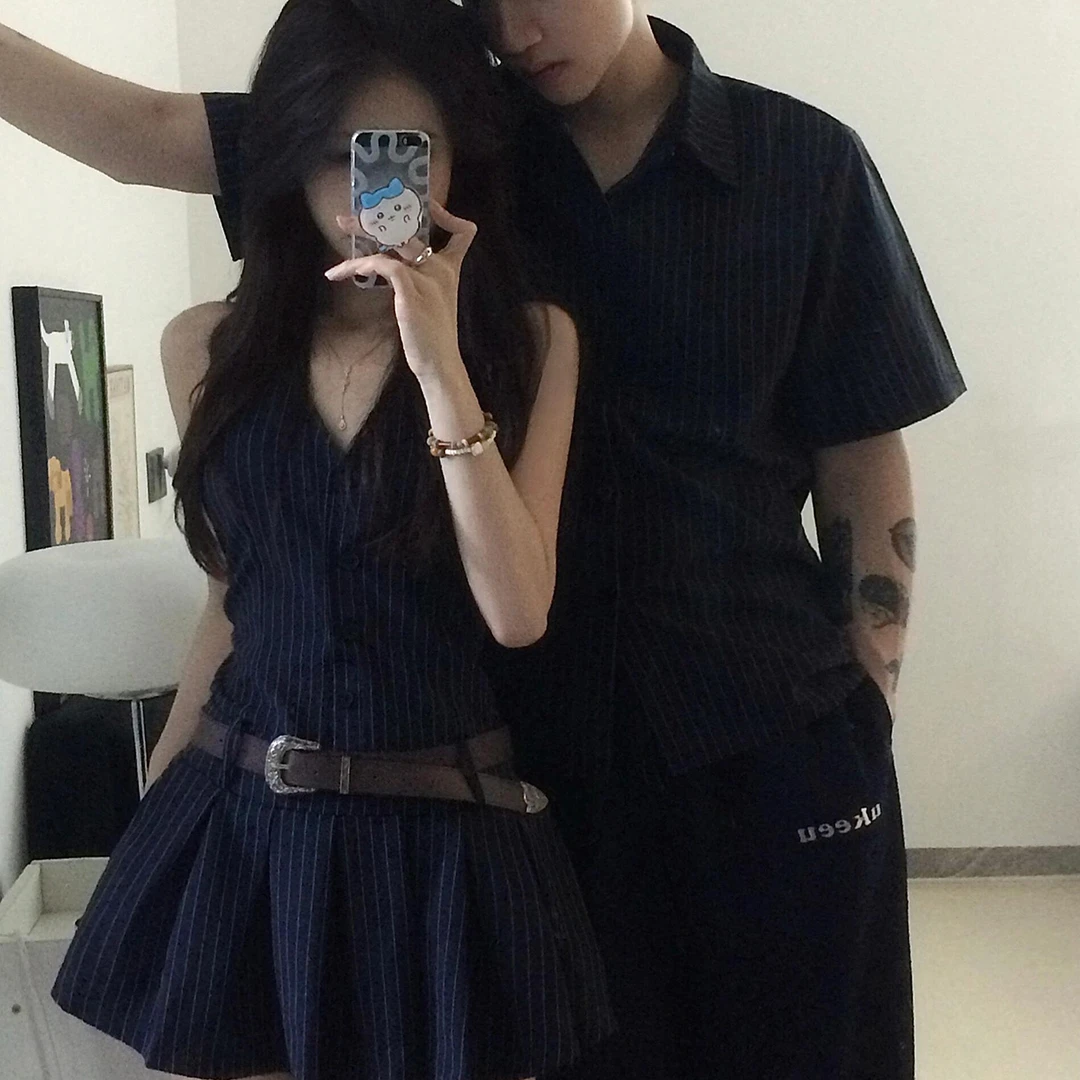 法式挂脖露肩性感辣妹连衣裙无袖收腰一裙一衣条纹气质衬衫情侣装