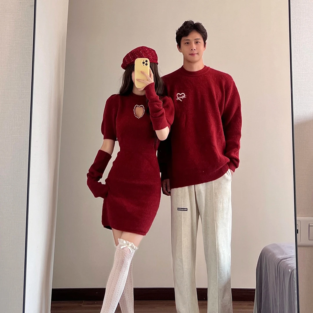 韩版慵懒风针织泡泡袖包臀裙小众设计感红色爱心毛衣情侣一衣一裙