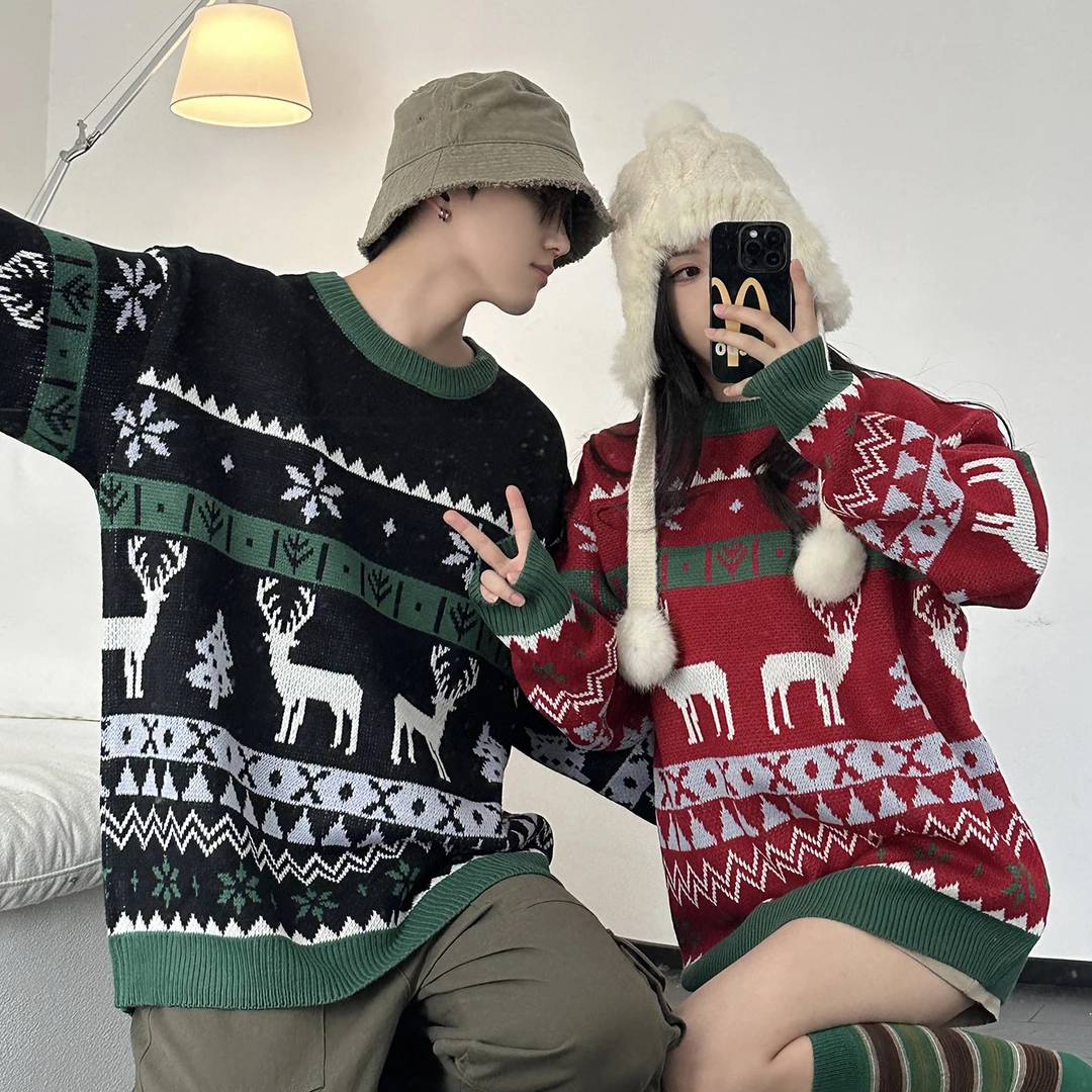 秋冬新款圣诞氛围感红色针织毛衣复古宽松圆领套头百搭情侣装上衣
