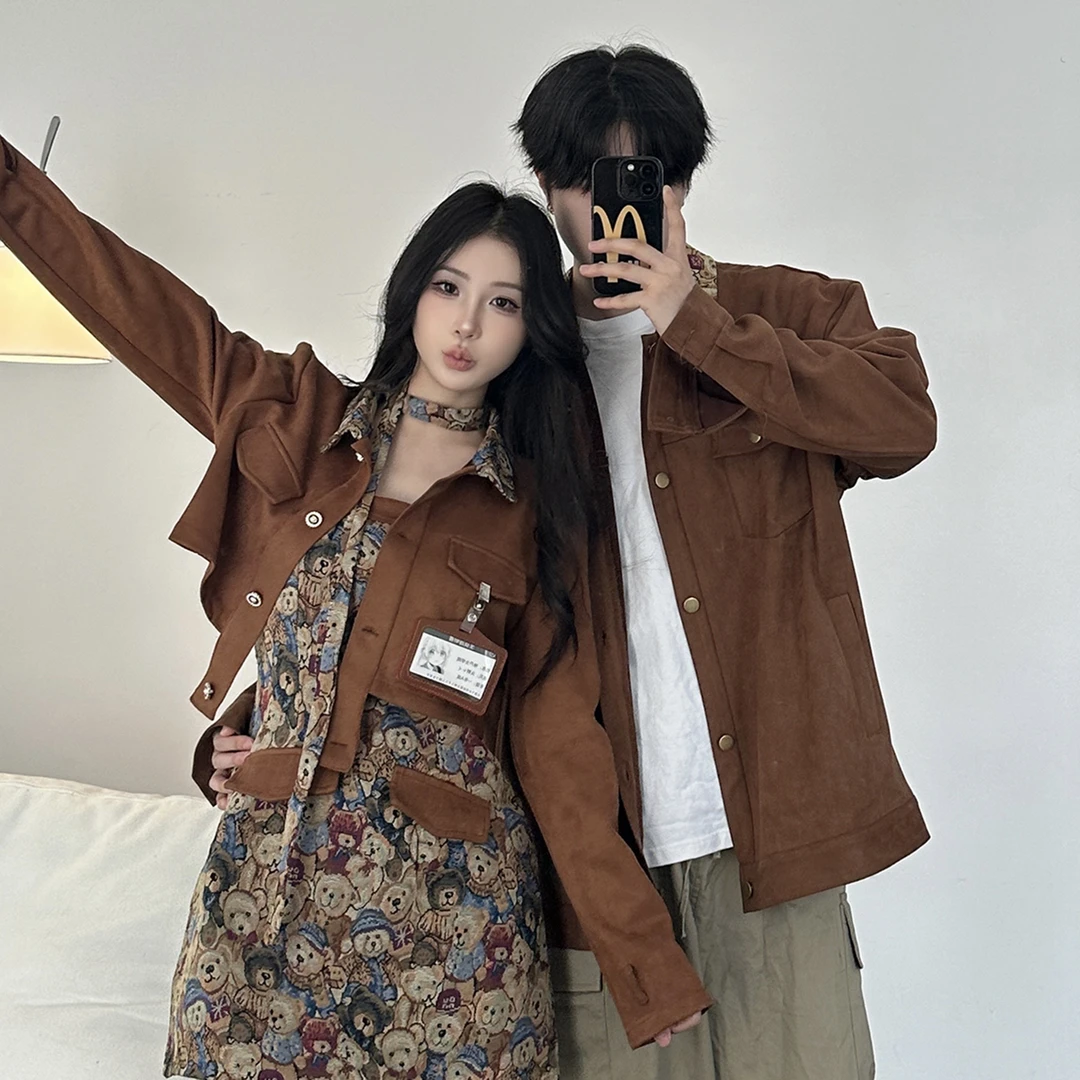 2024秋冬新款美拉德小熊抹胸裙小众设计感麂皮绒夹克情侣一衣一裙