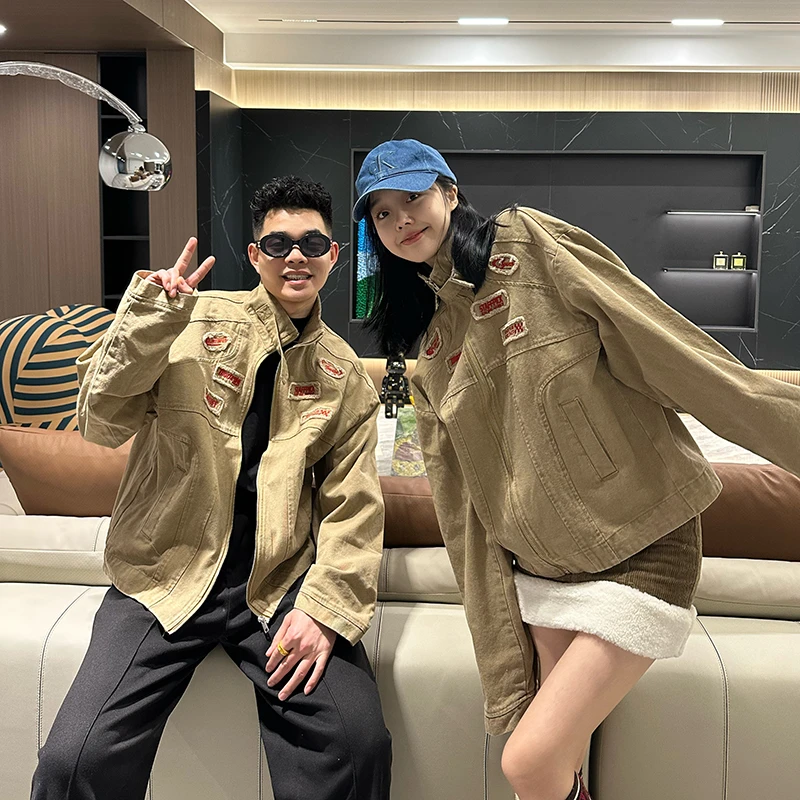 情侣装2024年新款美式机车贴布字母刺绣立领夹克复古工装牛仔外套