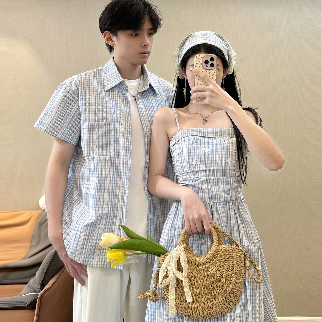 法式田园条纹气质吊带连衣裙小众设计感短些衬衫情侣装夏一裙一衣