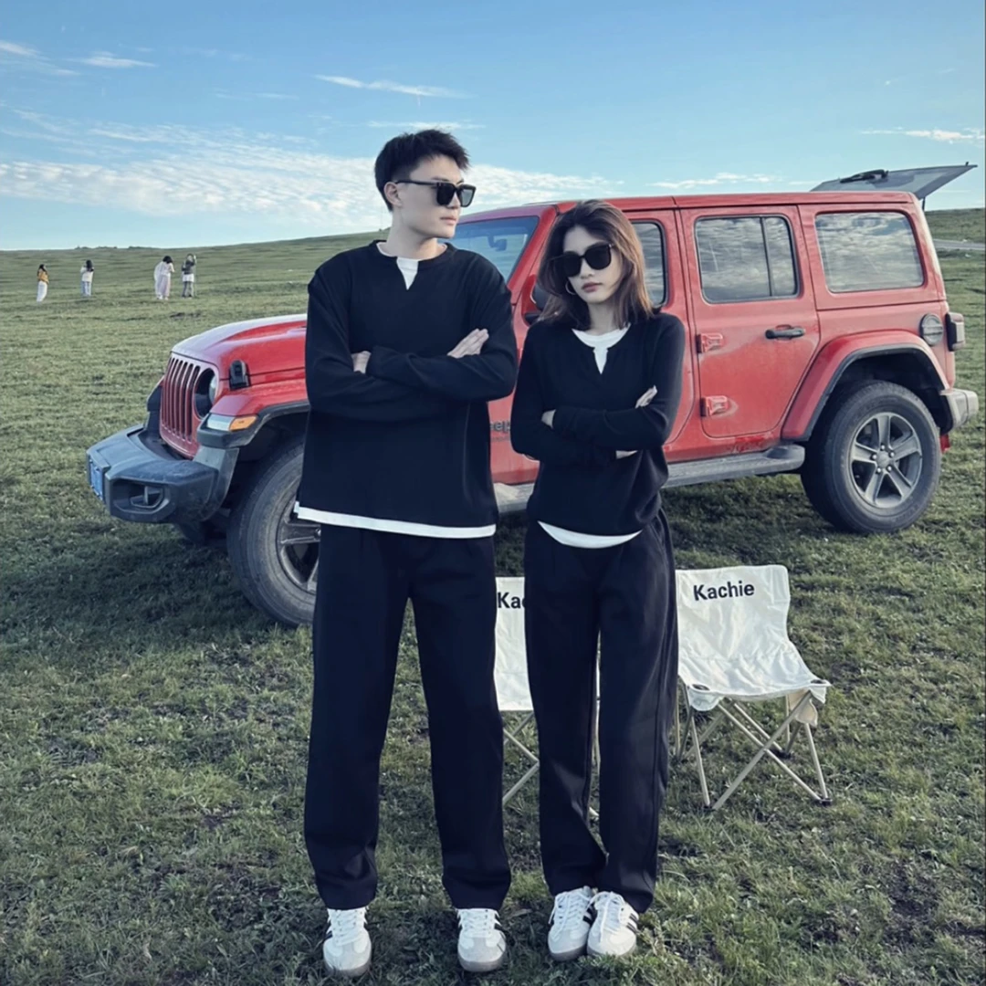 情侣装复古美式假两件华夫格长袖打底衫高级感痞帅撞色上衣潮卫衣