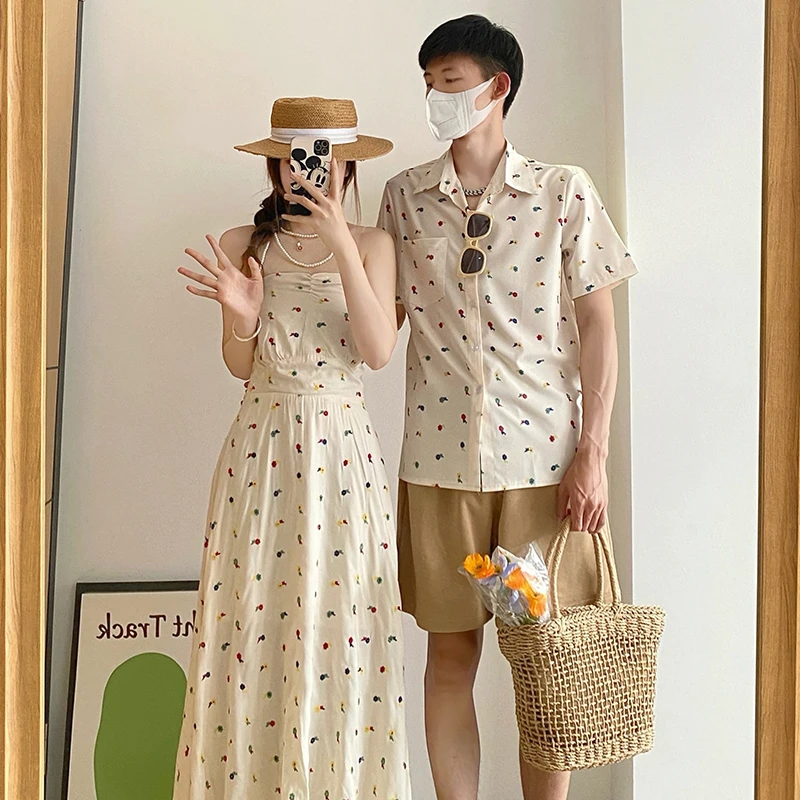 夏季一衣一裙情侣装小众设计感衬衫长裙沙滩度假收腰连衣裙女碎花
