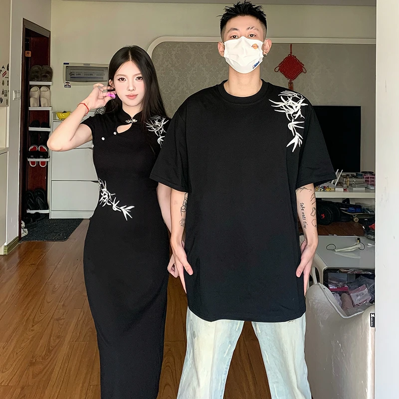 情侣装2024年夏季新款新中式国风旗袍连衣裙黑色高级刺绣国潮T恤