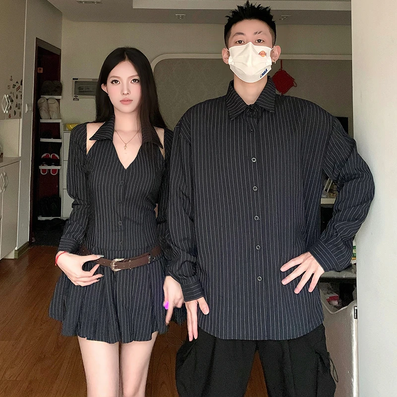法式情侣装春秋新款一衣一裙气质衬衫条纹小众设计感镂空连衣裙女