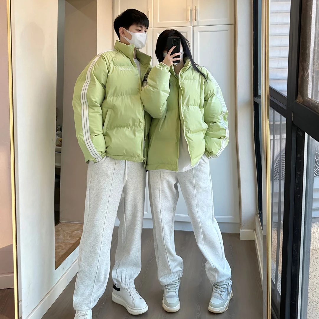 2023冬装情侣装棉服外套男女三条杠设计感夹克学院风加厚保暖棉袄