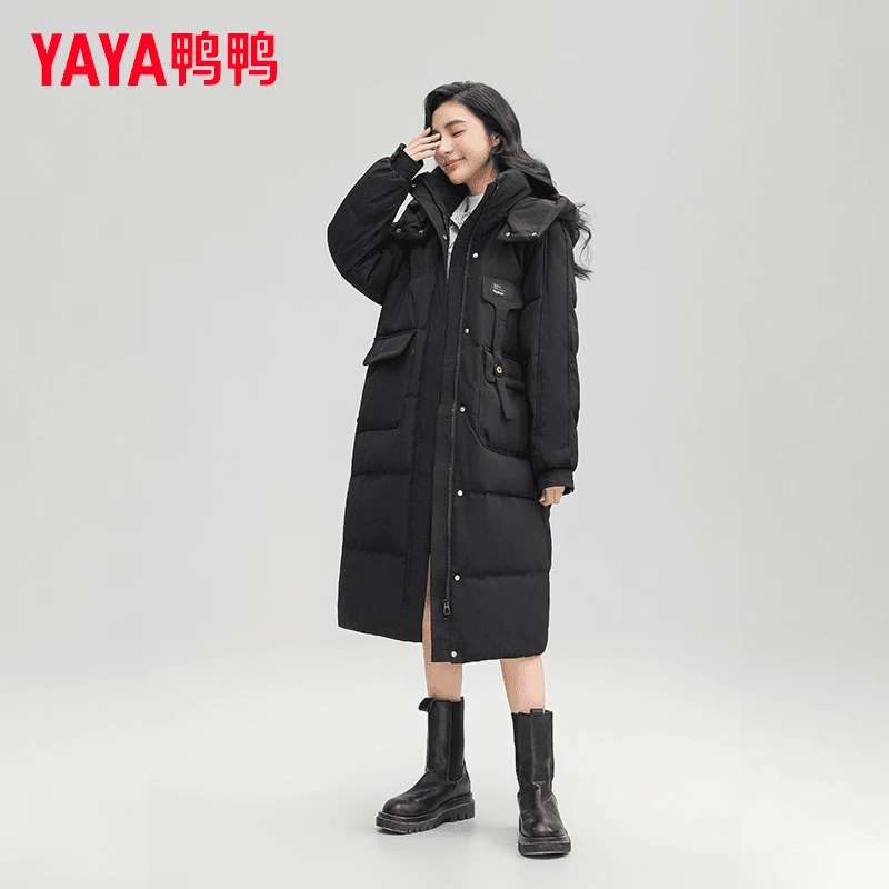 YAYA/鸭鸭1羽绒服女款长款连帽长袖厚款保暖户外宽松休闲冬季外套