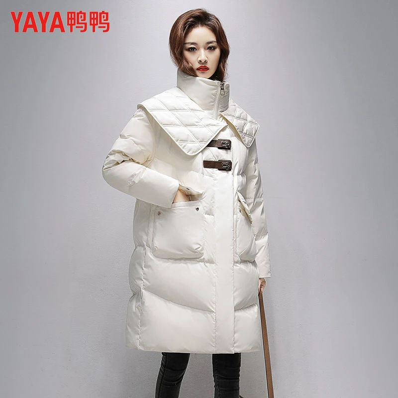 YAYA/鸭鸭 羽绒服中长款女韩版冬季防风领长款立领时尚羽绒服外套