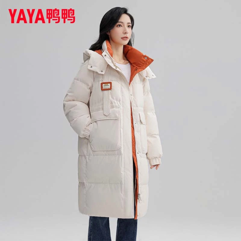 YAYA/鸭鸭羽绒服韩版时尚女装休闲宽松中长款连帽保暖厚款外套