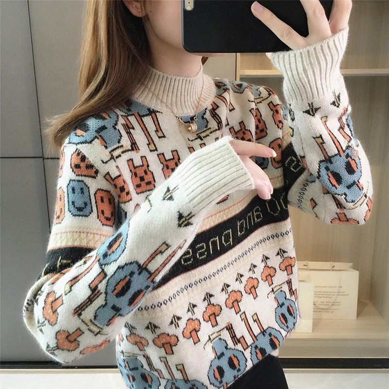 锦柬春秋新款卡通提花图案半高领毛衣女套头内搭外穿宽松打底衫