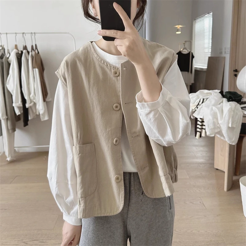 百搭不挑人设计感复古圆领单排扣大口袋无袖外套女宽松马甲背心潮