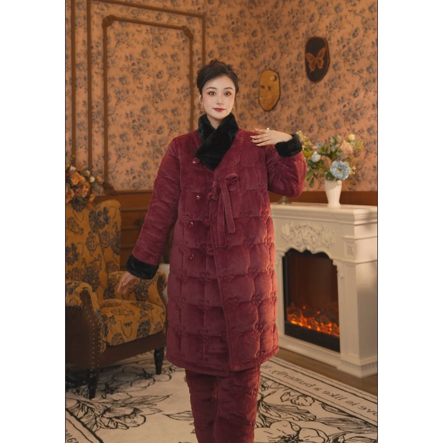 【绛紫暗红●长款】2024新款红女士家居服睡衣秋冬女款套装加厚保暖