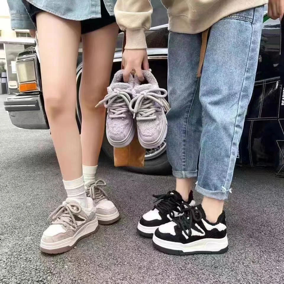 女士真皮羊羔毛加绒潮流厚底百搭板鞋2307