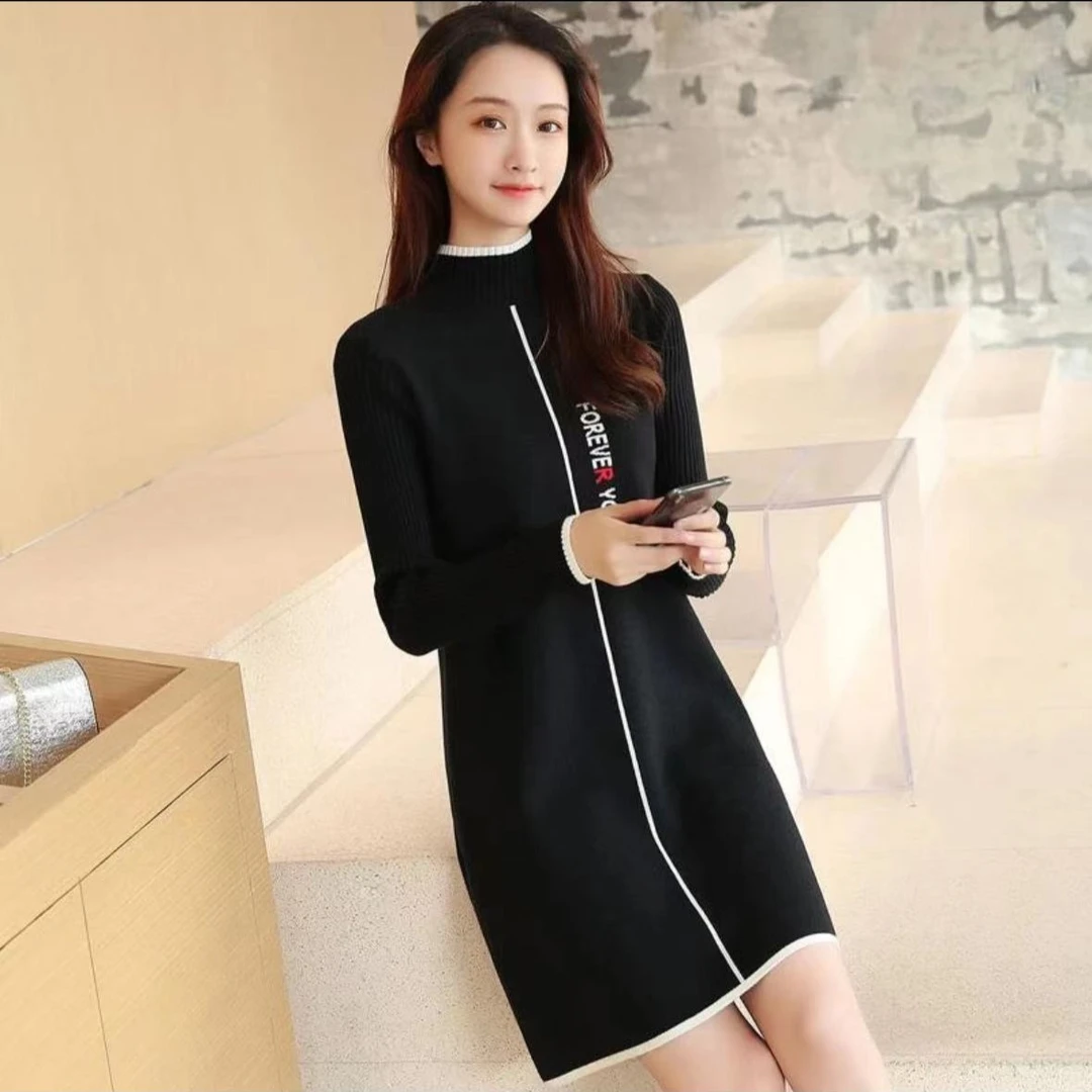 813秋冬新款字母半高领毛衣女套头中长款打底衫宽松针织连衣裙
