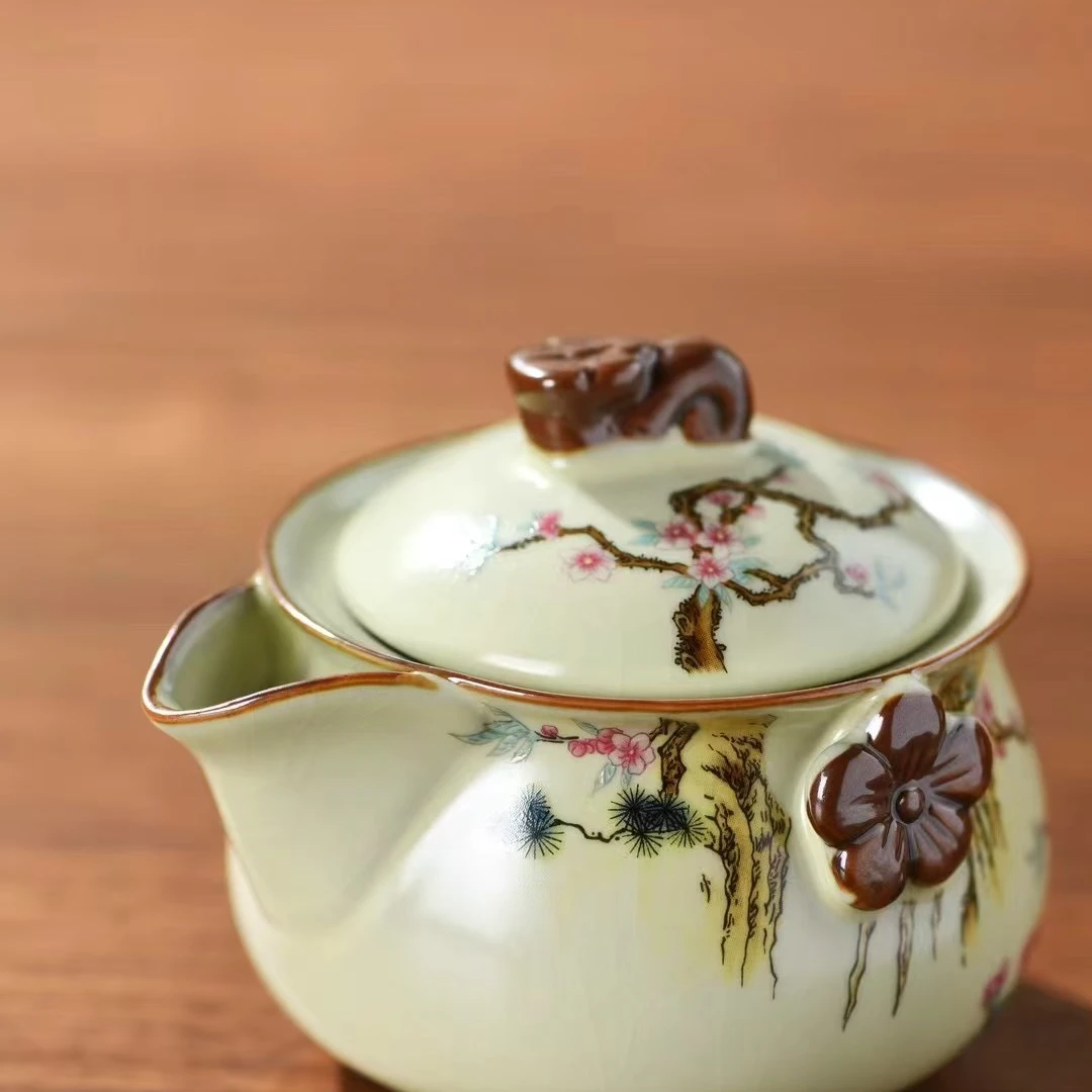 花鸟登枝手抓壶汝窑开片可养陶瓷泡茶壶