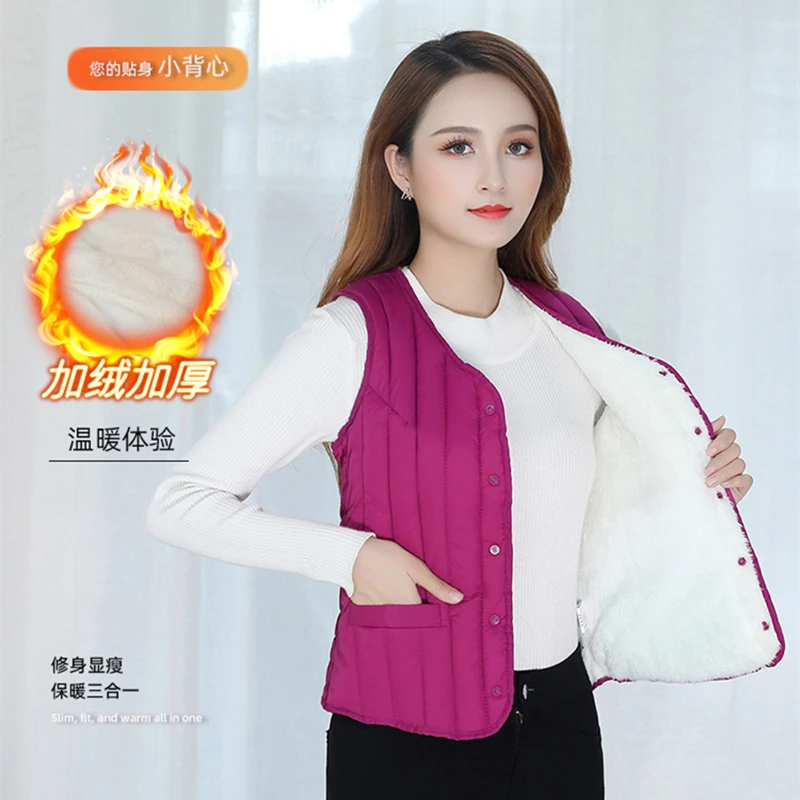 女士棉马甲秋冬季保暖中老年加绒加厚坎肩背心羊羔绒内穿修身马夹