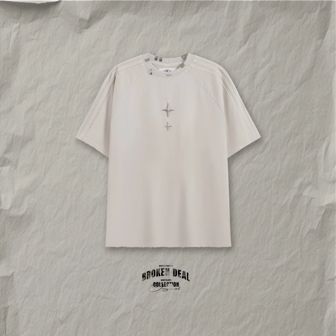 BROKEN DEAL春夏新款 美式重磅金属配饰做旧短袖T恤 轻奢重工百搭