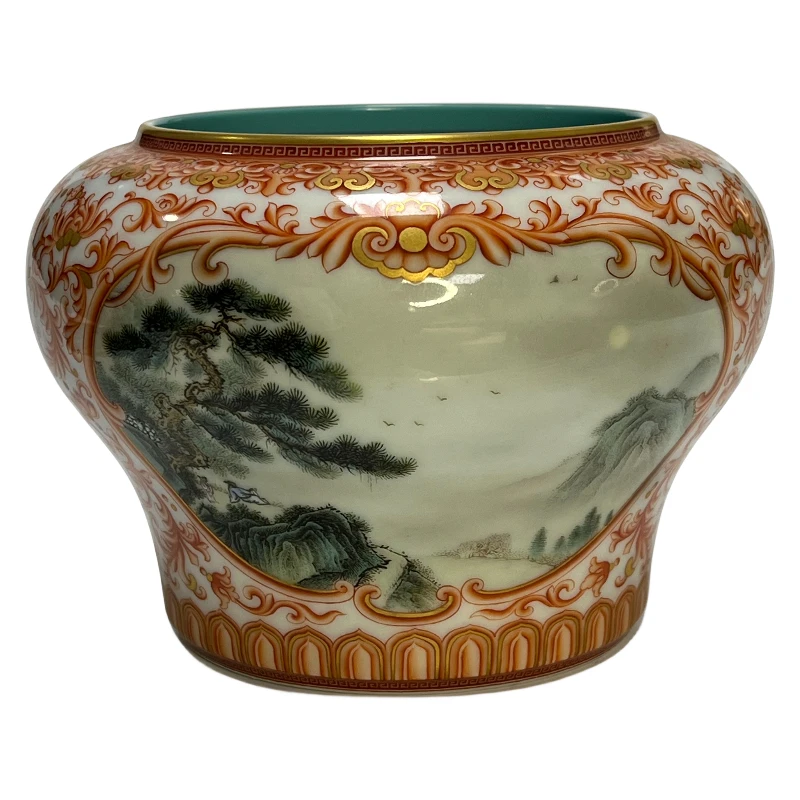 文人画开光矾红描金缠枝花卉纹陶瓷水盂口沿9.5高10cm