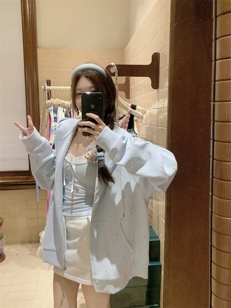 【米米专属】碎花连帽长袖卫衣外套女春秋新款宽松纯欲休闲上衣