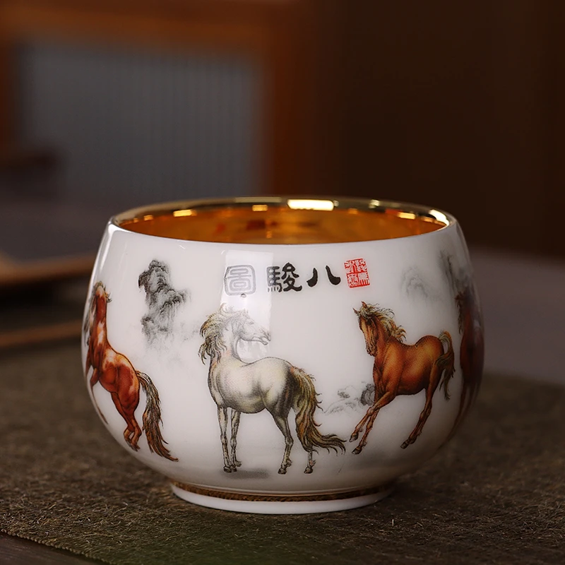 羊脂鎏金八骏图主人杯单杯品茗杯手工描金金杯围炉煮茶器具茶具