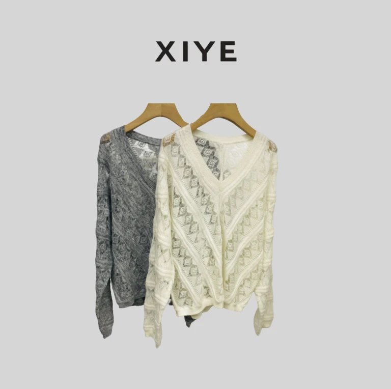 XYE/希野高级感镂空菱形花纹薄款针织衫时尚百搭女装毛衣 924094