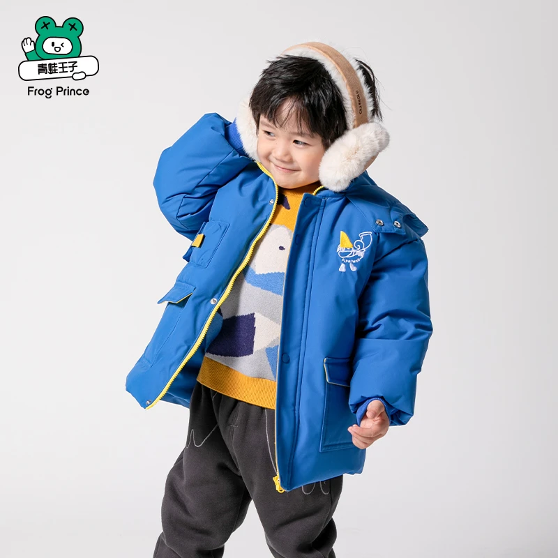 青蛙王子秋冬款儿童羽绒服男童保暖上衣连帽纯色轻盈舒适短款外套