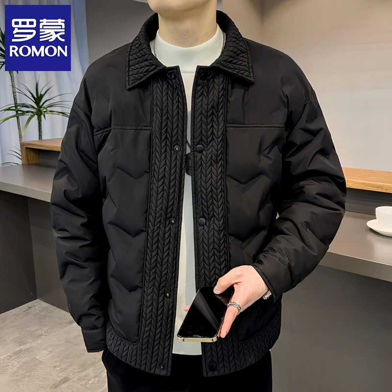 罗蒙麦穗拼接羽绒服男冬季新款衬衫式夹克男士羽绒外套男轻薄冬装