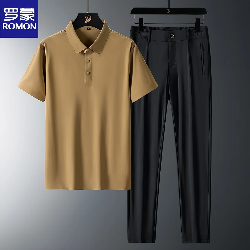 Romon/罗蒙夏季爸爸冰丝短袖POLO衫套装男士薄款速干半袖两件套装